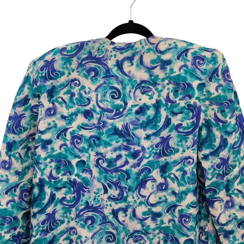 Vintage 80's Blazer Silk Duster Single Breasted Button‎ Longline Blue Swirl 6